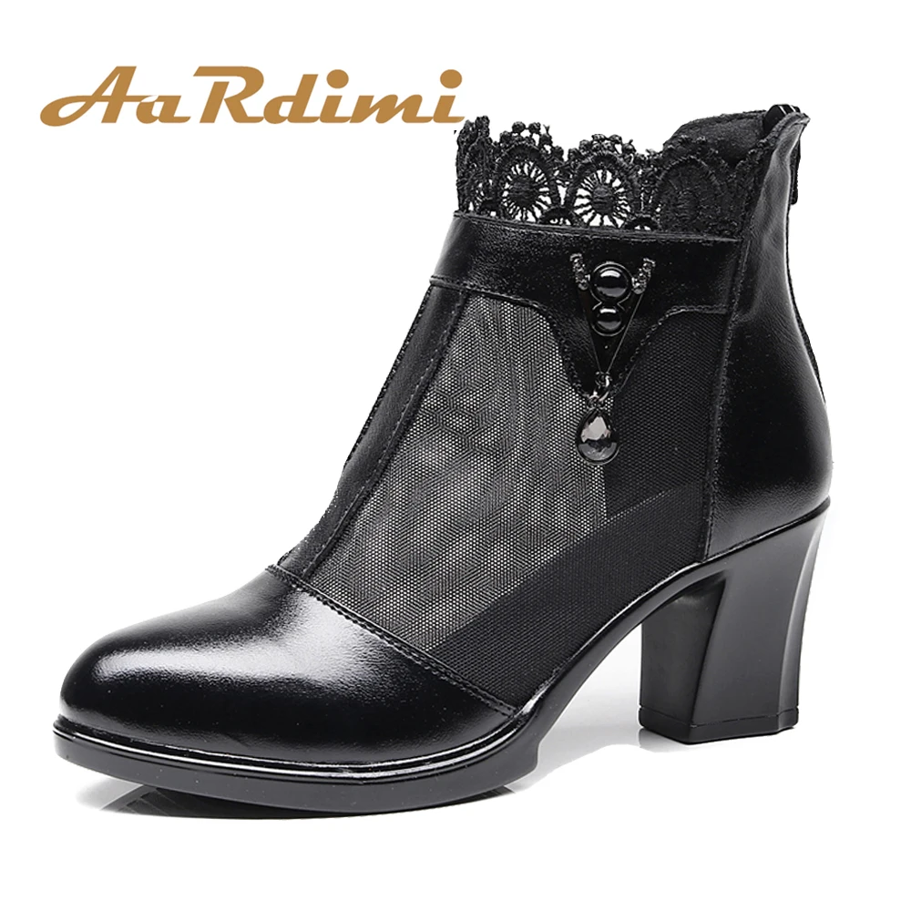

AARDIMI Women Sandals Genuine Leather Women Shoes Platform High Heeled Summer Sandals For Woman Solid Zip Crystal Square Heel