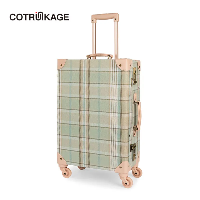 

COTRUNKAGE 20" 24" 26" Canvas Plaid Travel Case Cute Lightweight Cabin Suitcase TSA 4 Wheels Vintage Trunk Luggage for Women