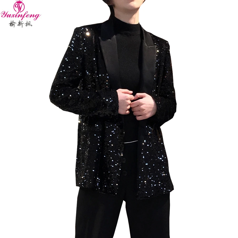 Yuxinfeng Fashion Black Sequin Jacket Women Spring Double Breasted