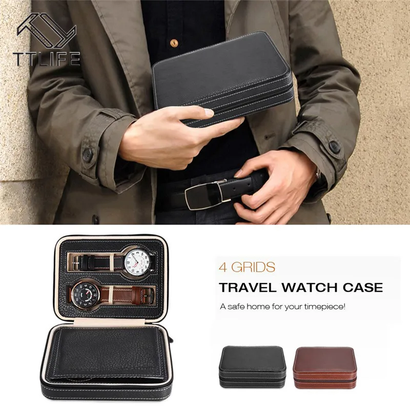 

TTLIFE 4/8 Grids PU Leather Watch Storage Box Display Case Tray Zipper Travel Jewelry Necklace Earrings Collector Organizer Case