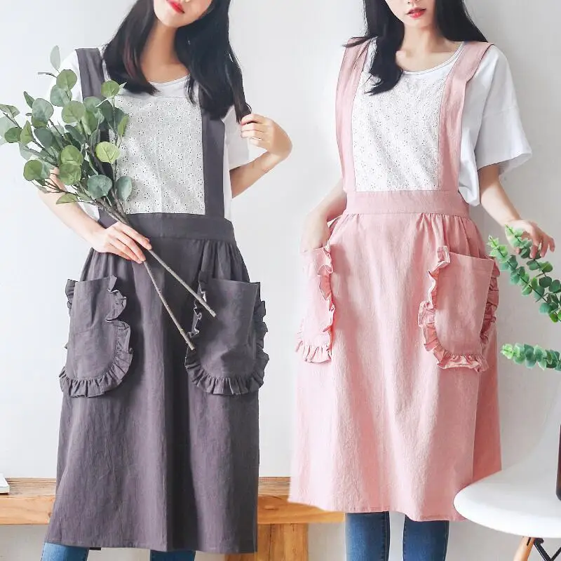 Nordic Style Lace Cotton Linen Kitchen Aprons Women Gardener Working Dress Smock Japanese Apron Adult Baking Coffee Waist Apron