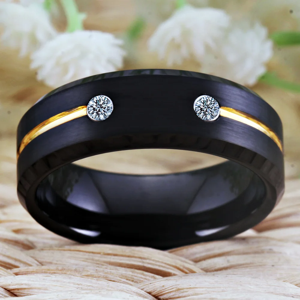 Tungsten Wedding Band Engagement Rings For Women Classic Men's Black Tungsten Ring Golden Groove CZ inlay Anniversary Gift Ring