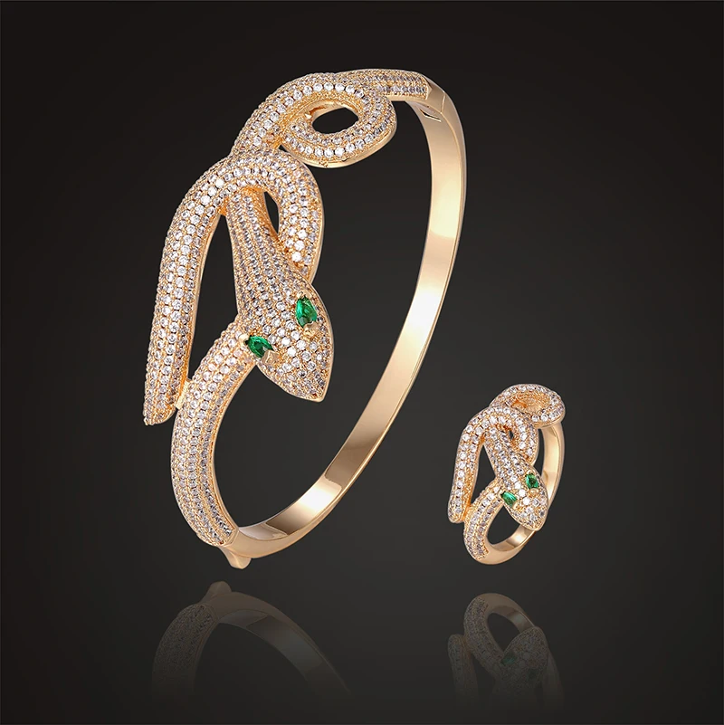 

Fateama twine snake bangle with ring jewelry set green color eyes full zircon micro pave setting fashion jewelry of best gift