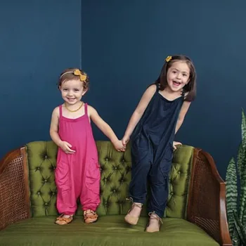 

Kids summer new baby plain jumpsuit boys and girls navy color sleeveless romper with pocket Free Shipping YHRM19004