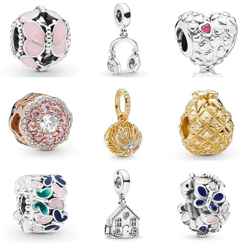 

925 Silver golden rose Butterflies pink headphone MUM IN A MILLION DIY bead Fit original Pandora Charm Bracelet Jewelry S039