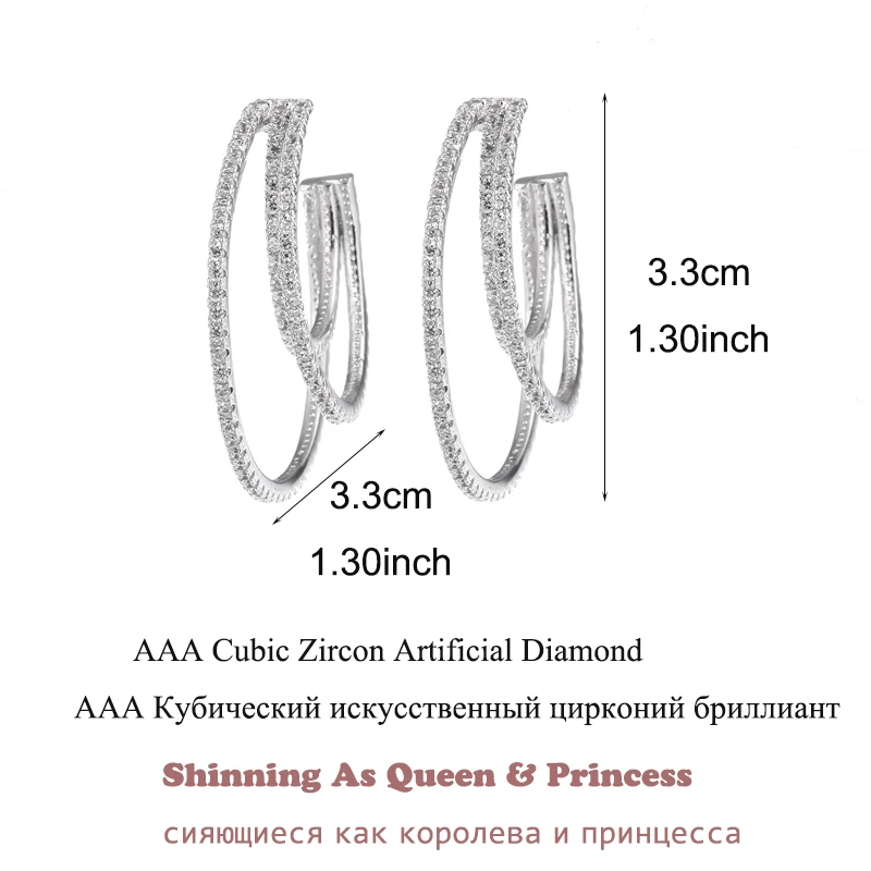 Белые золотые трехслойные большие круглые серьги-кольца, кубические циркониевые серьги для женщин, лучший подарок, свадебные сережки oorbellen AE338