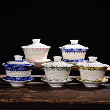 

400ML Jingdezhen Blue and White Porcelain Gaiwan Vintage Teaware Drinkware Master Tea Bowls with Lid Saucer Kit Hollow Teapot