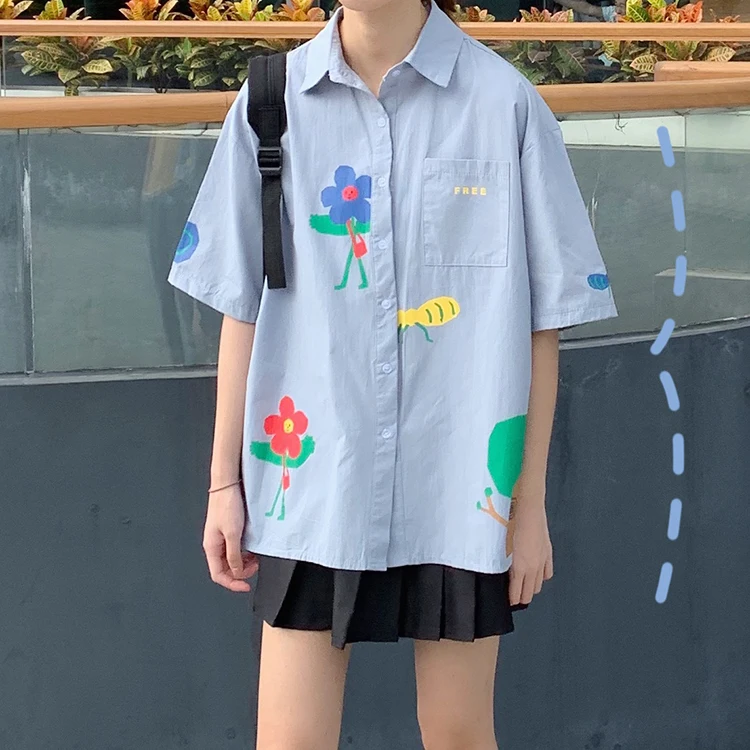

New Summer Tops Preppy Style Women Shirt Cartoon Flower Print Short Sleeve Kawaii Blouse Female Button Up Womens Blouse
