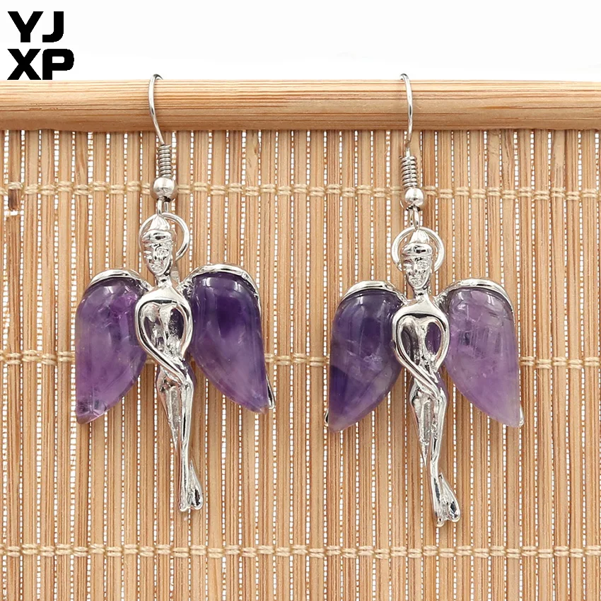 

YJXP Small Angel Wing Earrings Natural Amethysts Rose Pink Quartz White Rock Crystal Opal Earrings for Women Reiki Charm Jewelry