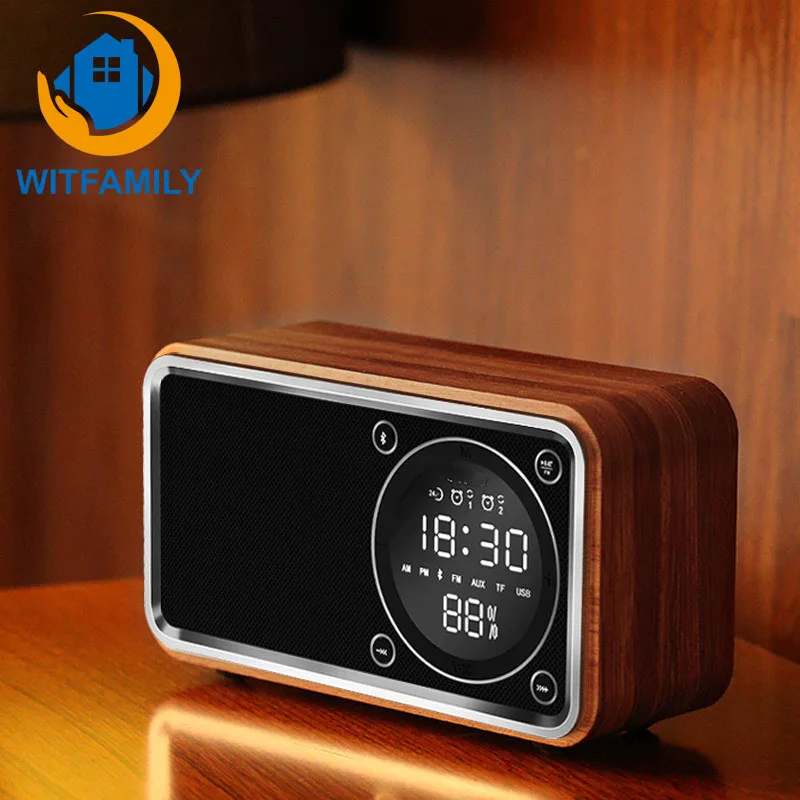 

LED display wood table clock electronic modern style Bluetooth Digital Wireless Alarm clock Woodiness Radio despertador