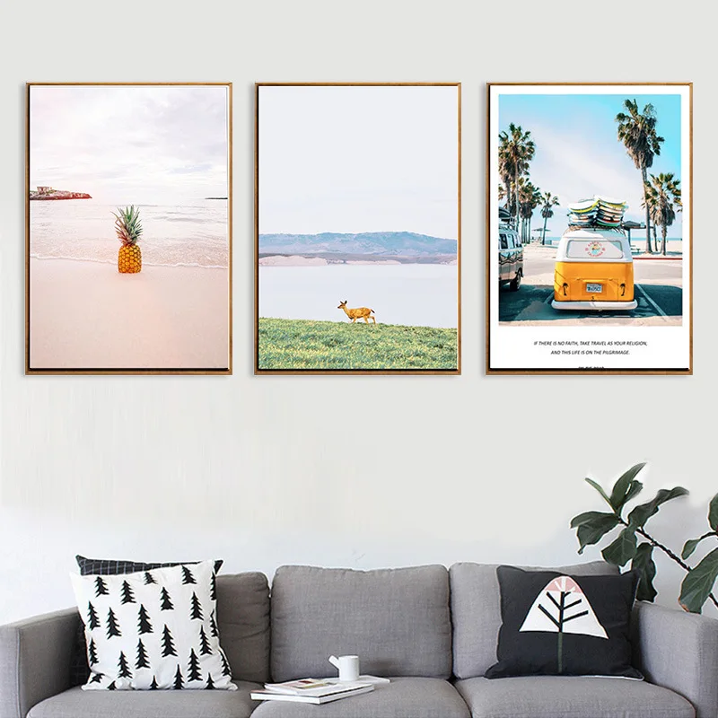 

HAOCHU Triptych American Vintage Yellow Car Pineapple On Beach Canvas Painting Art Print Poster Animal Wall Picture Home Decor