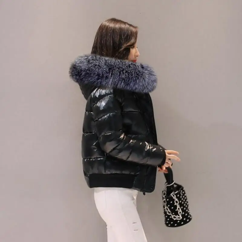 Зимняя куртка женская модная металлическая черная яркая с капюшоном теплая куртка короткое пальто парка с хлопковой подкладкой женские куртки куртка-бомбер уличная одежда