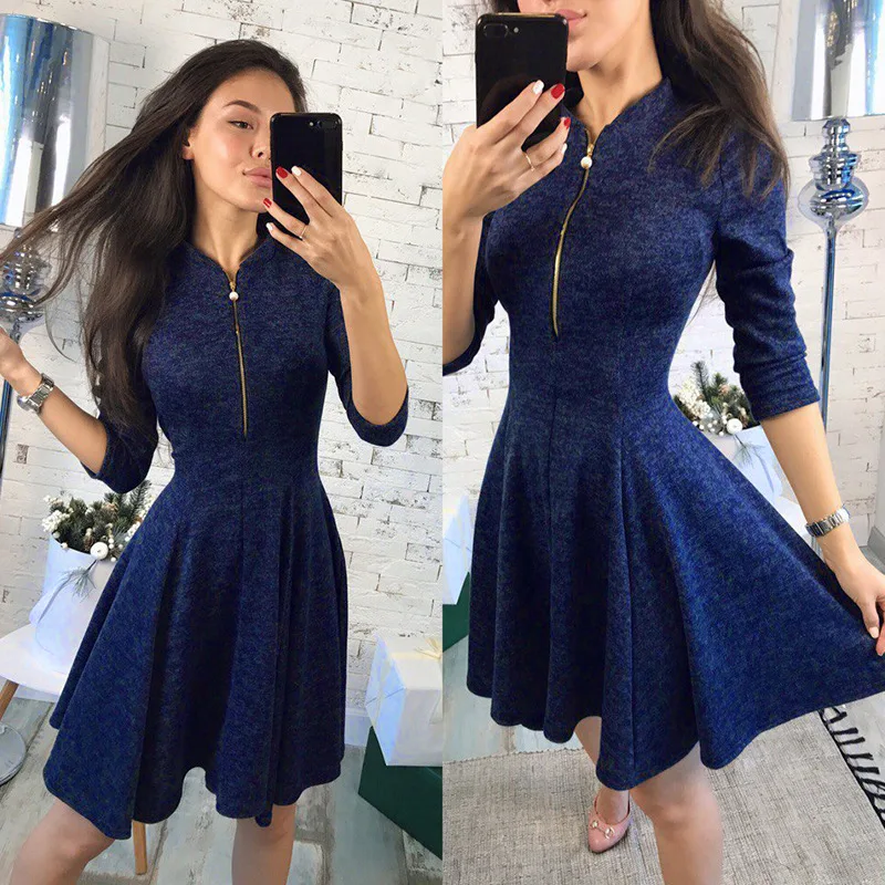 

Autumn Deep V-Neck Dress Fashion Ladies 3/4 Sleeve Above Knee A-Line Solid Cotton Zipper Slim Mini Dress