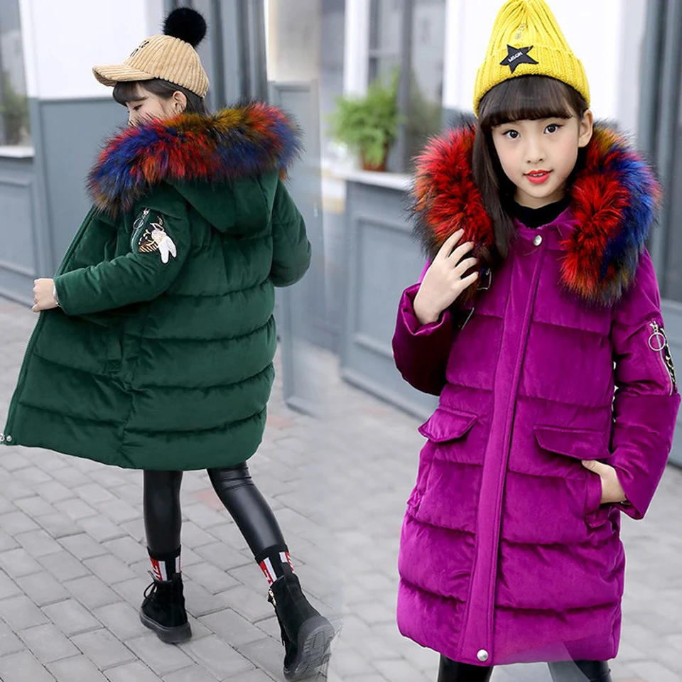 

Girls Winter Coat Velour Parkas Wadded Jacket 2018 New Fashion Big Fur Collar Cotton Jackets Outerwear 120-160 High Quality