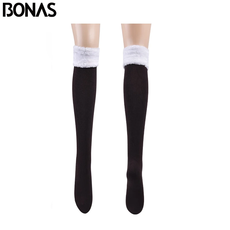 

BONAS Knee Stockings Winter Long Warm Stockings Women Over Knee Solid Color Spring Autumn Winter Girls Stockings Knitted Thermal