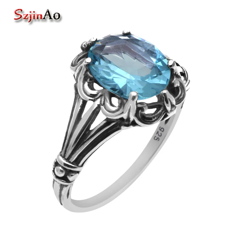 

Szjinao Factory Wholesale 925 Sterling Silver Jewelry Antique Aquamarine Ring 925 Sterling Silver Rings for Women