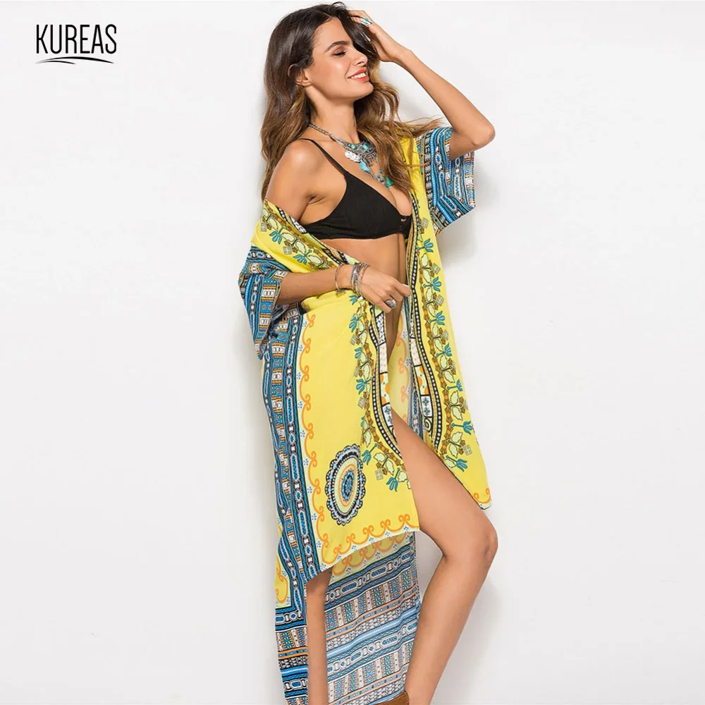 Kureas Дашики пляжное платье Национальный принт кардиган Африканский Vestido халат макси платья кимоно накидка пляжная одежда праздничная одежда