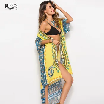

Kureas Dashiki Beach Dress National Print Cardigan African Vestido Robe Maxi Dresses Kimono Cover Up Beachwear Holiday Clothing
