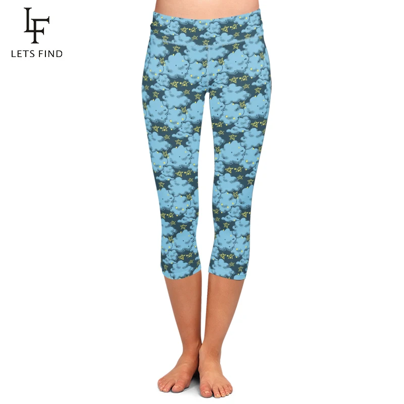 High Quaility Women Mid-Calf Print Pants High Waist Plus Size Capri Leggings 3D Clouds and Stars Print Soft  Summer Leggings