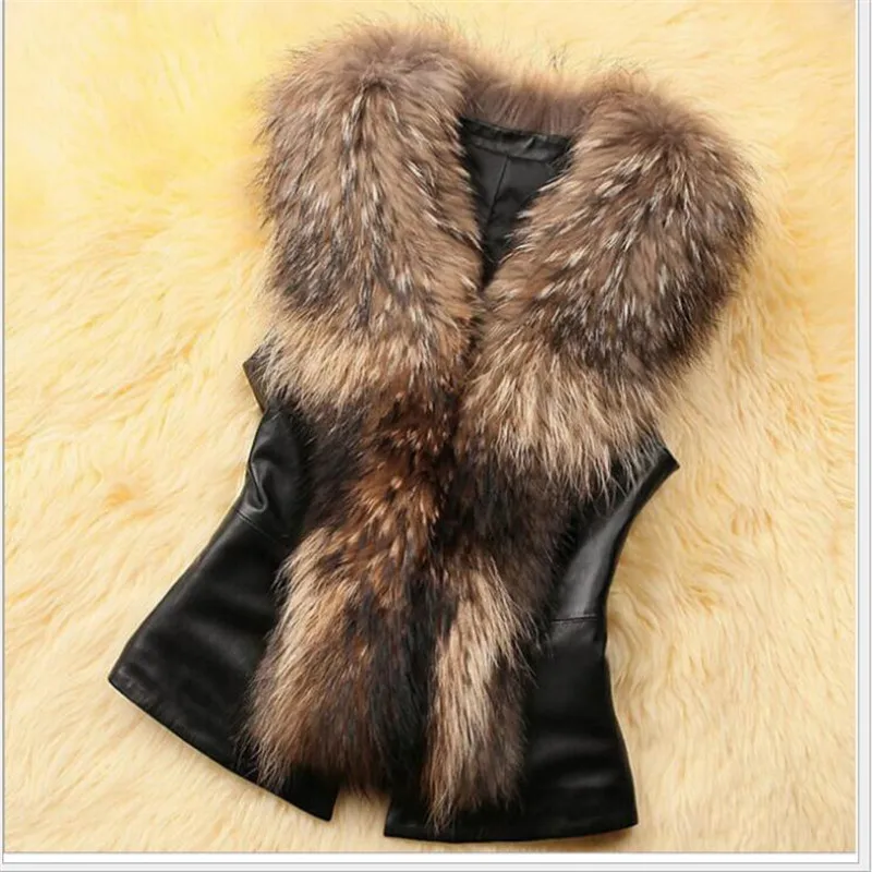 

MILANQIBA Autumn Winter Women Coat PU Leather Faux Fur Coat Vest Casual Khaki/Black/Wine red Short Coat Plus Size S-3XL