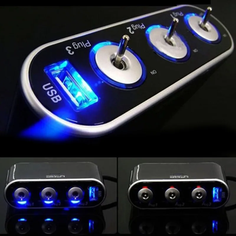 New 3 Sockets Way font b Car b font adapter with USB Port Plug DC Splitter