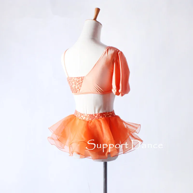 Girls 2-Piece Irregular Sequin Tutu Ballet Dress Children Adult Orange Professional Dance Costume C342
