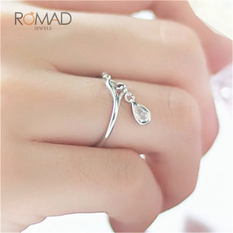 Romad Silver Heart Crystal Rings Water Drop Pendant Open Ring For Women Girl Wedding Jewellery
