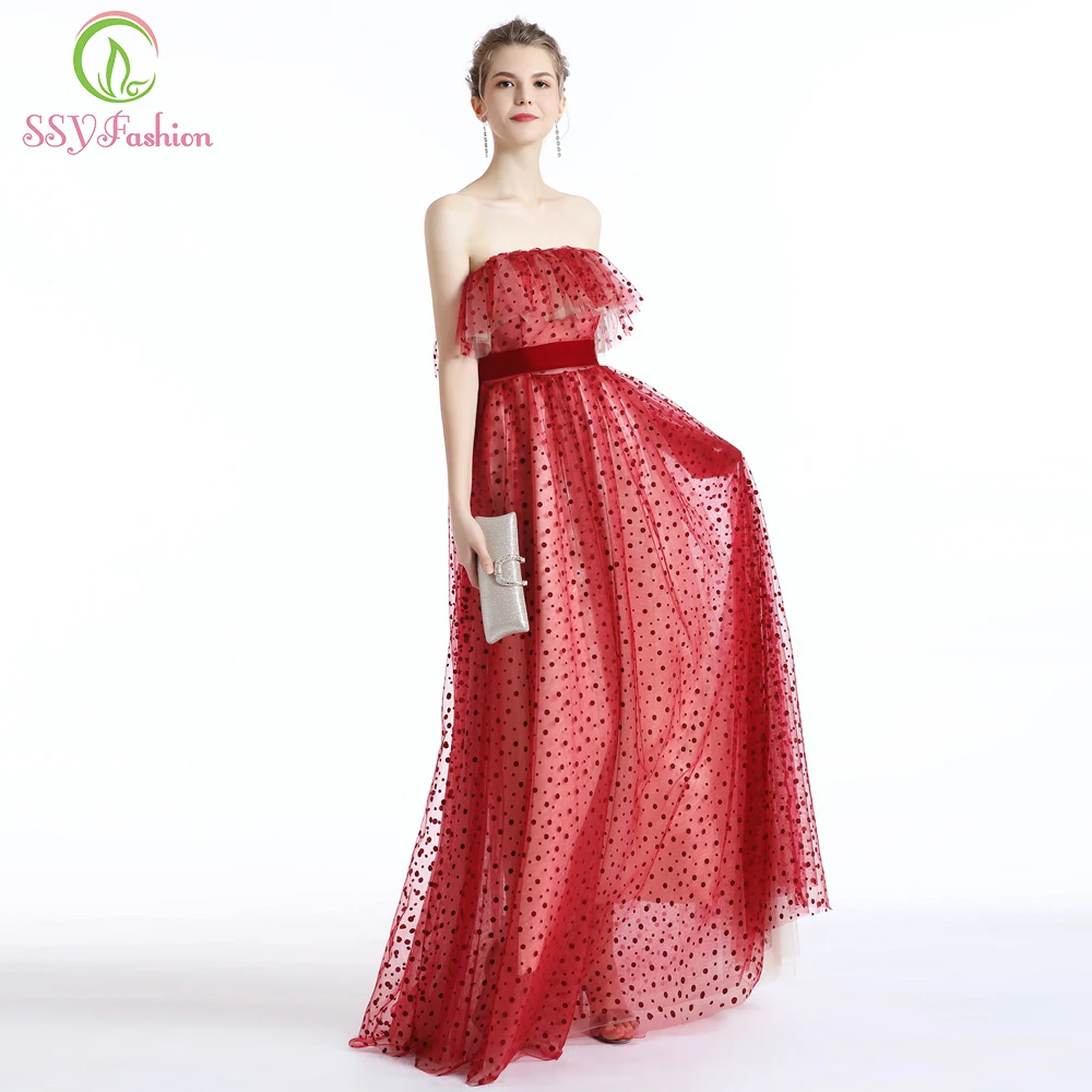 

Clearance Red Evening Dress Sexy Strapless Floor-length Soft Tulle Dot Pattern Prom Gown Formal Dresses Robe De Soiree