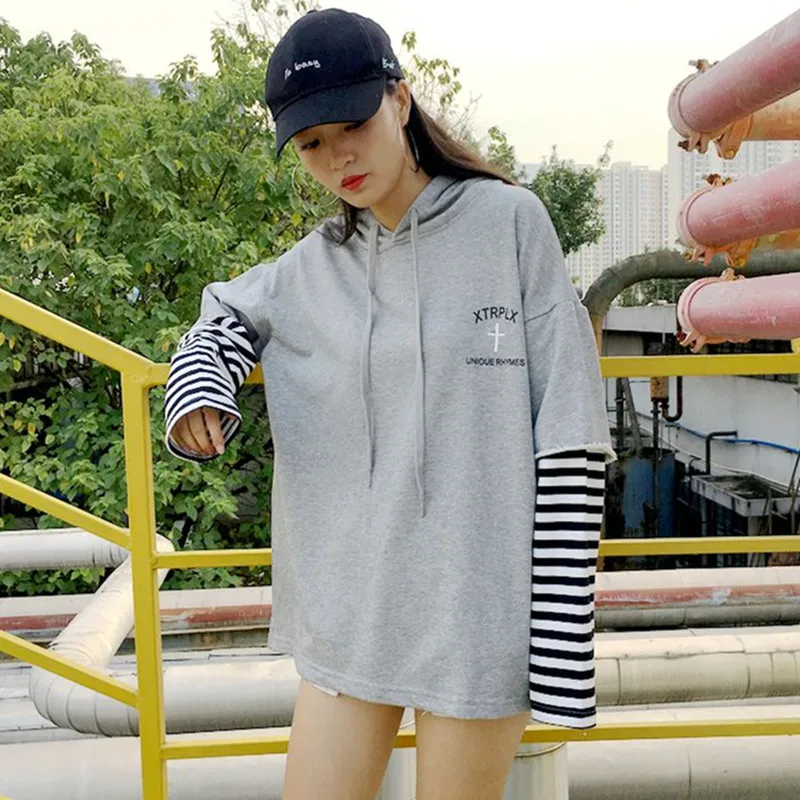  YouGeMan Womens Sweatshirts Hoodies 2020 Korean Harajuku Striped Sleeve Fake 2 Piece Hooded Sweatsh