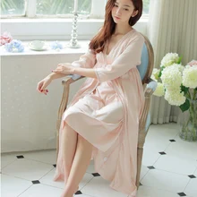 Women s Long Robe Princess Sleepwear Silk Satin Nightgown Two Pieces Set ladies Autumn Winte Long