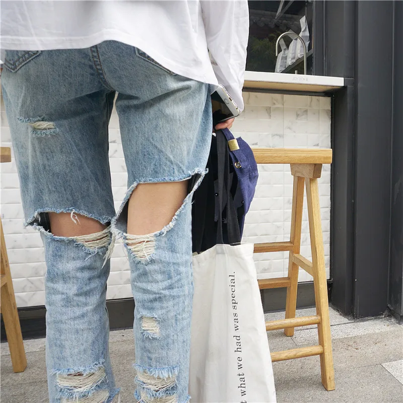 Новинка года; сезон весна-лето; корейский стиль; ulzzang Harajuku; прямые джинсовые брюки с дырками; рваные джинсы