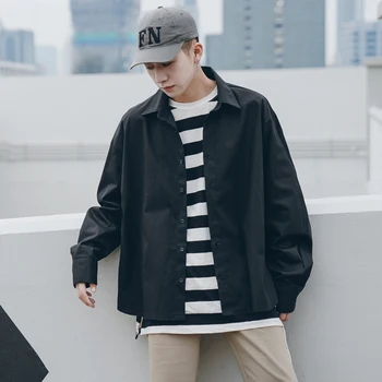 

2018 Early Autumn Newest Men's Japanese Style Fashion Concise Turn-down Collar Loose Casual Solid Color Long Sleeve Shirts M-XL
