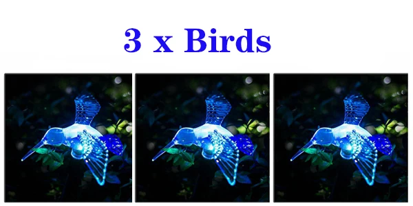 3 x Birds Красочный Светодиодный светильник на солнечных батареях для сада, для улицы, водонепроницаемый, птица, Бабочка, стрекоза, украшение сада, RGB светодиодный светильник, ландшафтный светильник для газона - Испускаемый цвет: 3 x Birds