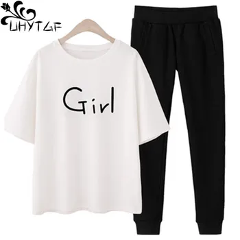 

UHYTGF Summer clothes for women two piece set Fashion Tshirt top and pants 2 piece set women Casual student tracksuit Ladies 261