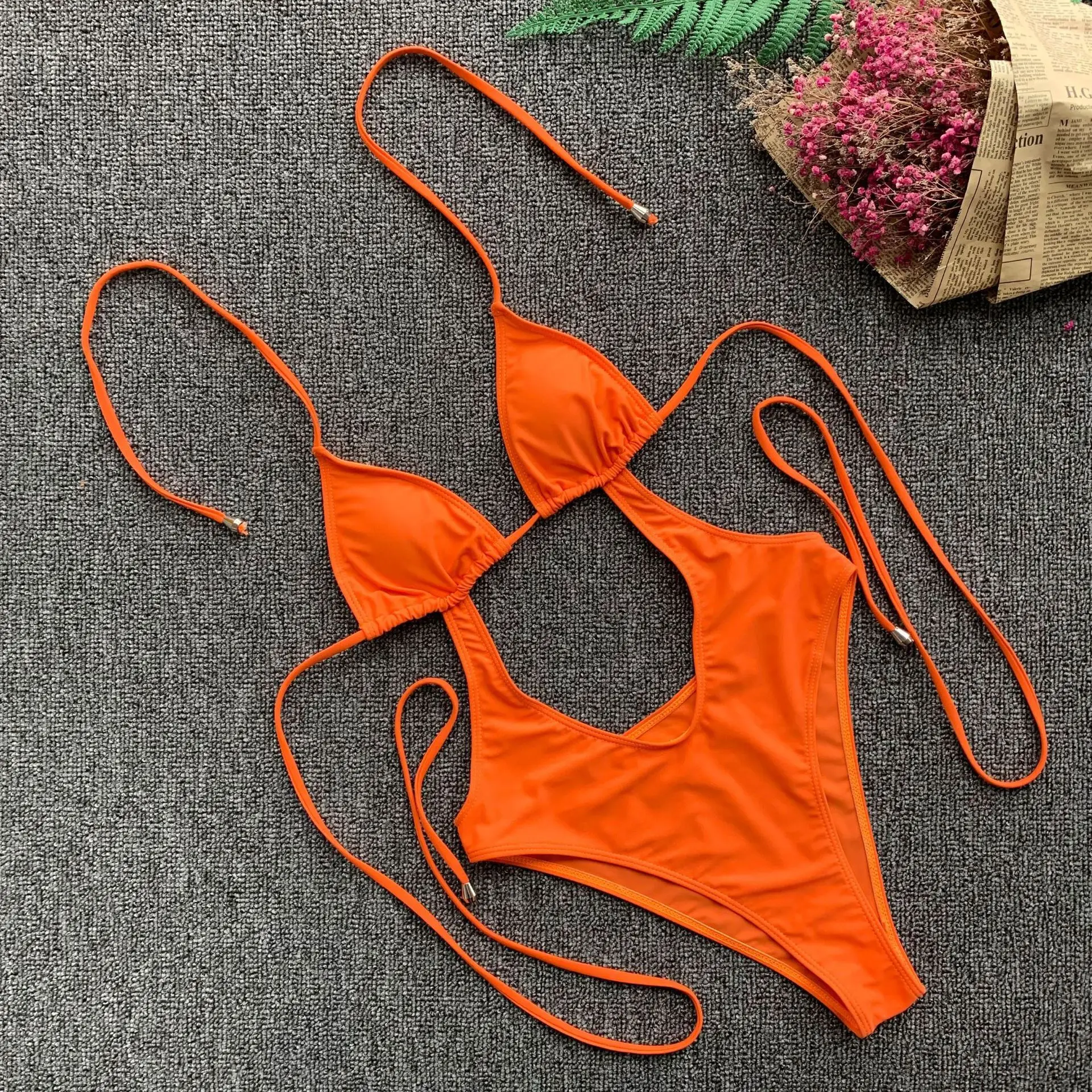 

Halter Neon Orange Deep V Neck One Piece Swimsuit String Bathing Suit Sexy Push Up Monokini Bandage High Cut Out Swimwear