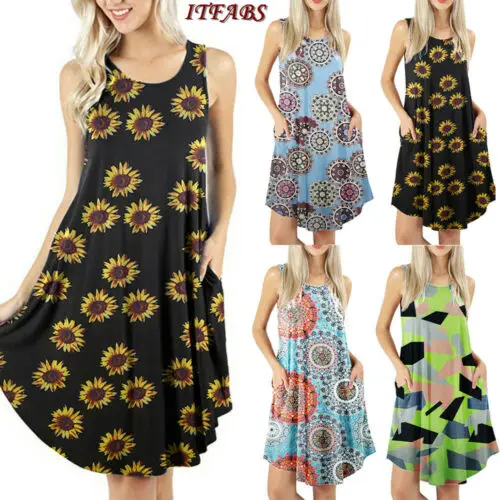 

Women Summer Boho Sleeveless Dress Floral Casual Cocktail Party Beach Dresses Sundress