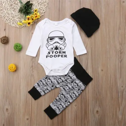 Cotton Newborn Boy Cartoon Star War Clothes Set Baby Shirt Romper Top+Long Pant Trousers+Hat Children Casual Outfit |