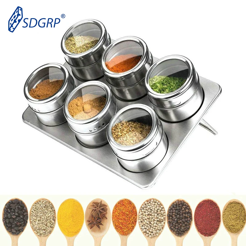 

6/9Pcs Magnetic Spice Jars Set Salt Pepper Spray Shakers Storage 304 Stainless Steel Tins Rack Seasoning Box Condiment Container