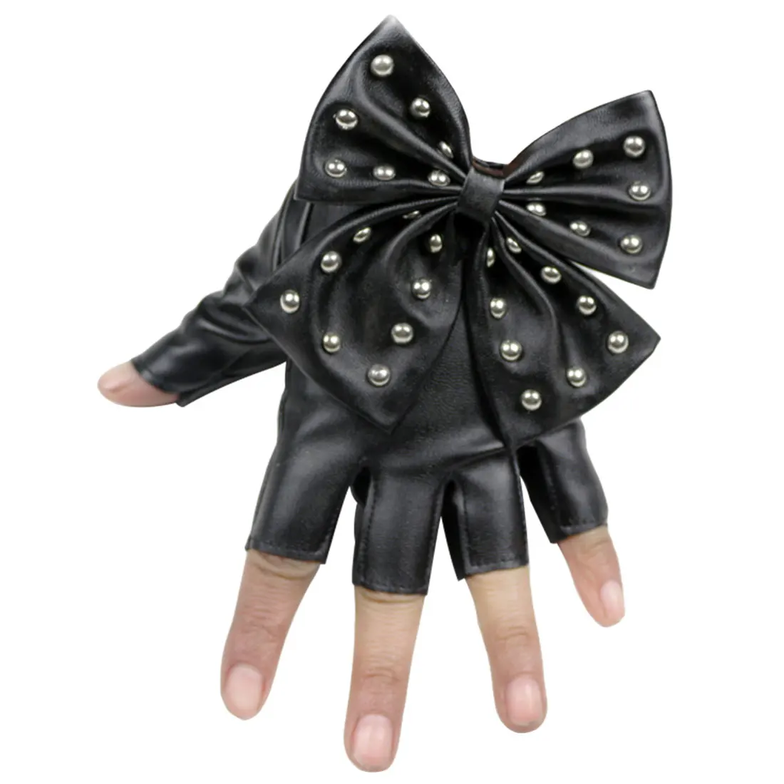 Модные перчатки без пальцев Для женщин из искусственной кожи перчатки Дамы Luvas Танцы вечерние Show большой бант заклепки перчатки без