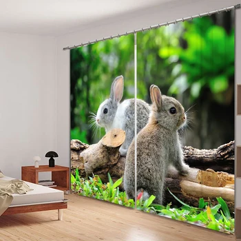 

Two gray rabbits Animal Curtains 3D Photo Printing Blackout For Window Living Room Bedding Room Hote Office Sofa Decoration