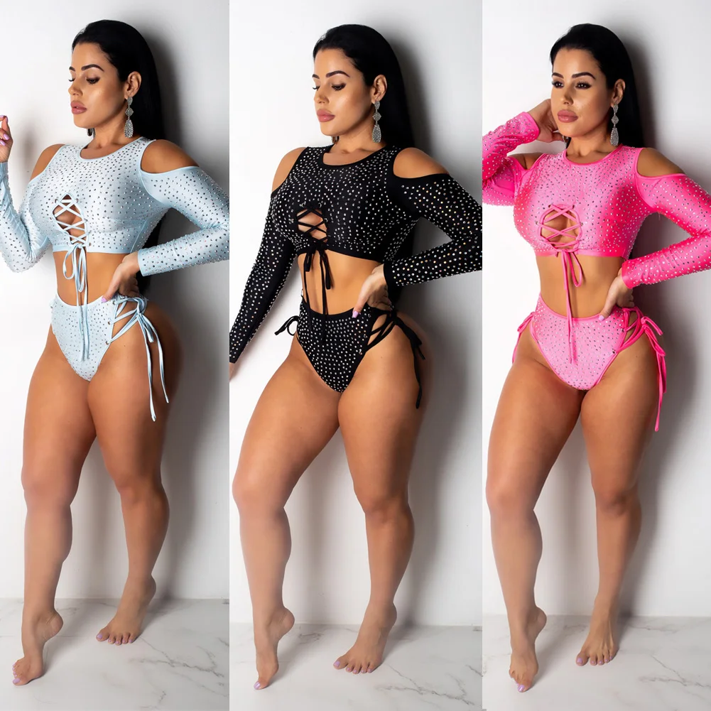 

New Style Women Bikini Set High Waist Swimwear Bikini Set Push-up Padded Bra Bathing Suit Swimsuit Bandage With Diamond Hot 2019