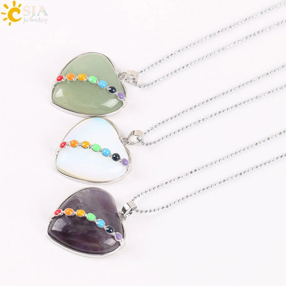Heart Shaped Gem Stone 7 Chakra Reiki Healing Point Necklace Pendant