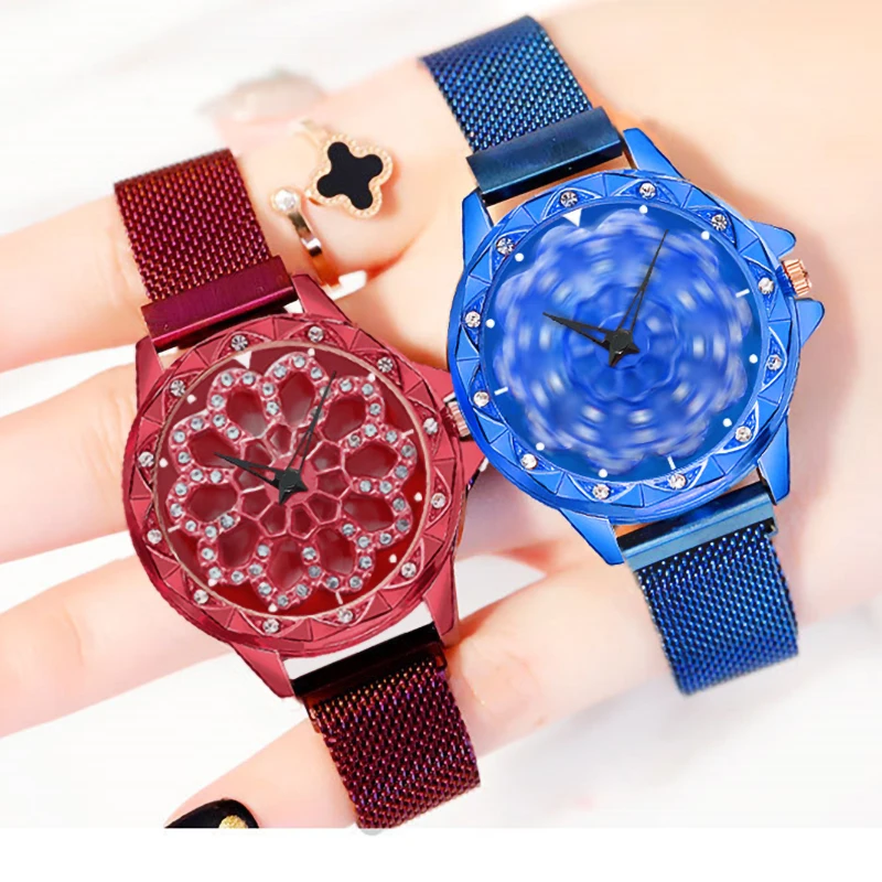 

Rotate top Brand Women Mesh Magnet Buckle Lucky Flower Watch Luxury Ladies Geometric Surface Quartz Watch Relogio Feminino
