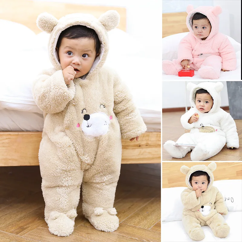 

Baby Rompers Winter Clothes Baby 2018 Thicken Soft Flannel Winter Overalls Newborn White Brown Pink Long Sleeve Baby Romper