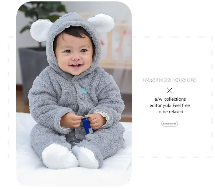 Милый осенний Детский комбинезон Пижама для малышей серый вельветовый хлопковый комбинезон с капюшоном для мальчиков и девочек детская одежда