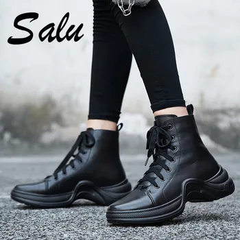 

Salu New Arrival Women Ankle Boots Autumn Winter Warm High Heels Shoes Woman Cross-tied Genuine Leather Punk Motorcycle Boots
