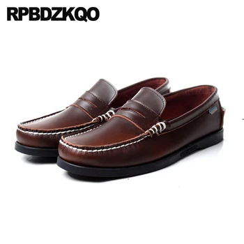 

Slip On Breathable Plus Size Spring 2018 Loafers Vintage Casual 46 Driving Brown Leather Boat Shoes Men British Style Summer