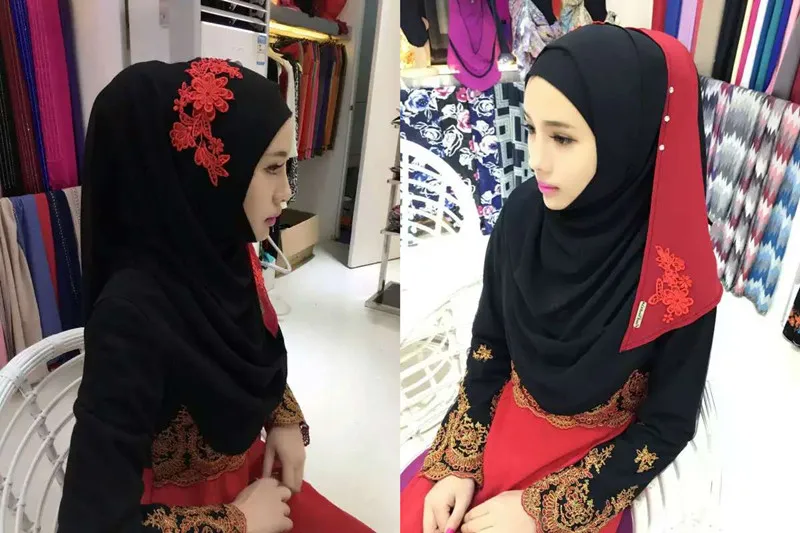 Мусульманский женский хиджаб шифоновый шарф с вышивкой с капюшоном мгновенные шарфы-банданы Кепка шаль абайя головной убор Арабский исламский(без нижнего белья