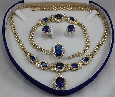 

Blue Crystal Ring Pendant Necklace Stud Earrings &Bracelet Jewelry Set18K gold plated watch wholesale Quartz stone CZ crystal