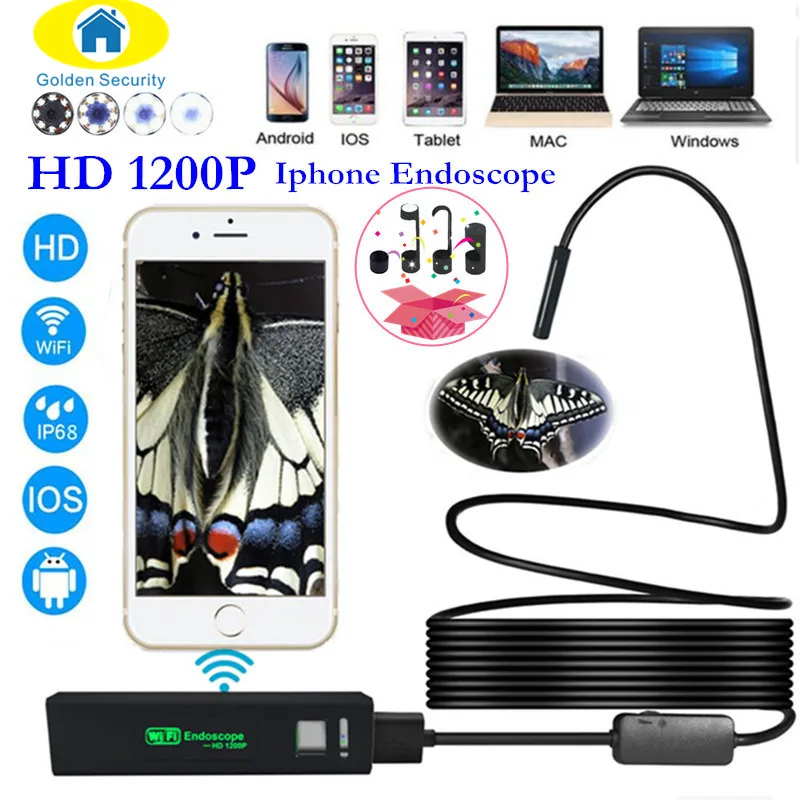 Golden Security Iphone Endoscope HD Wifi Camera 8mm 1200P Borescope
